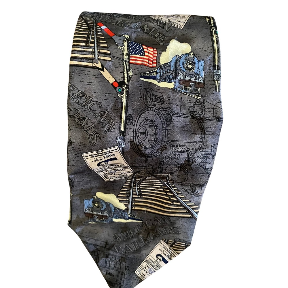 Tango by Max Raab Mens Silk Tie Grey American Railroads Steam‎ Engine Train USA